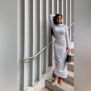 NWT The Line By K Dress Asher Ruched Maxi Long Sleeve in Silver